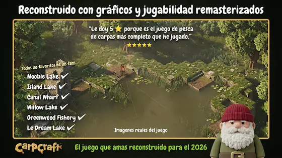 Carpcraft: Carp Fishing, lago isométrico con el listado de escenarios disponibles