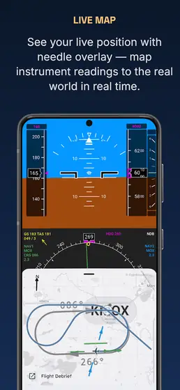 IFR Flight Simulator: horizonte artificial y mapa con la posición de la aeronave