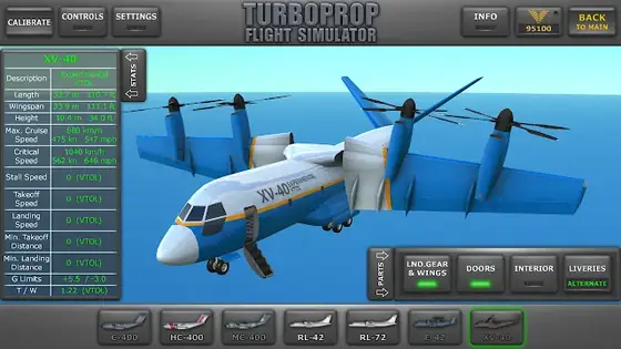 Turboprop Flight Simulator 3D: pantalla de hangar con la ficha técnica de un turbohélice